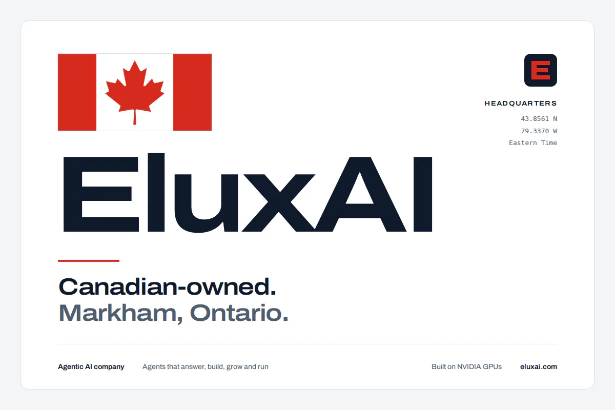 EluxAI Canadian AI company in Markham, Ontario EluxAI, a Canadian AI company based in Markham, Ontario, serving businesses across all six Canadian time zones