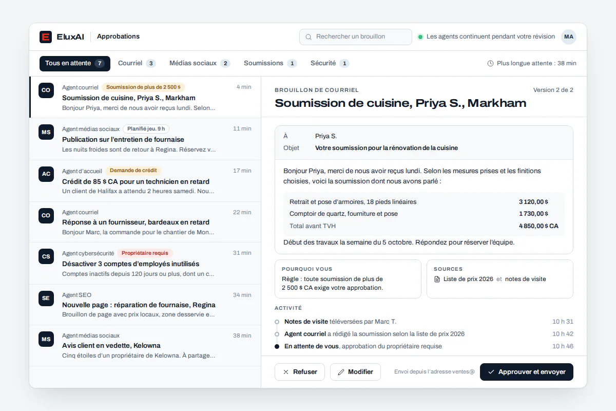 File d’approbation où une gestionnaire révise les ébauches rédigées par des agents IA avant leur envoi