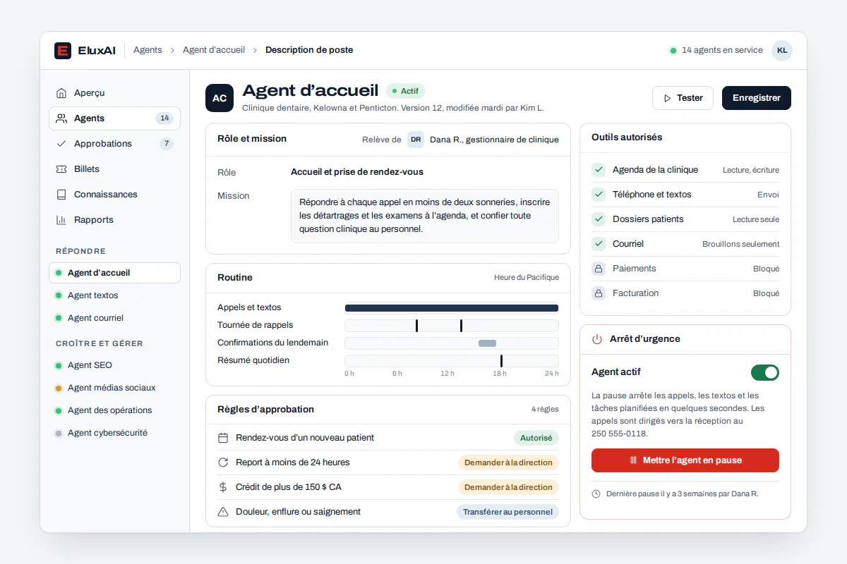 Écran de la plateforme d’IA agentique EluxAI montrant la mission, l’horaire et les limites d’approbation d’un agent
