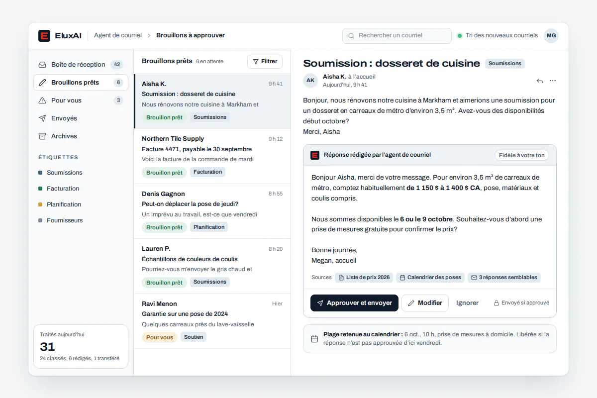 File d’approbation de l’assistant courriel IA : réponses courantes envoyées, remboursement retenu et ébauche à réviser