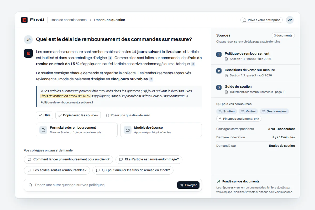 Réponse de la base de connaissances à une question du personnel, avec documents sources cités et agents autorisés