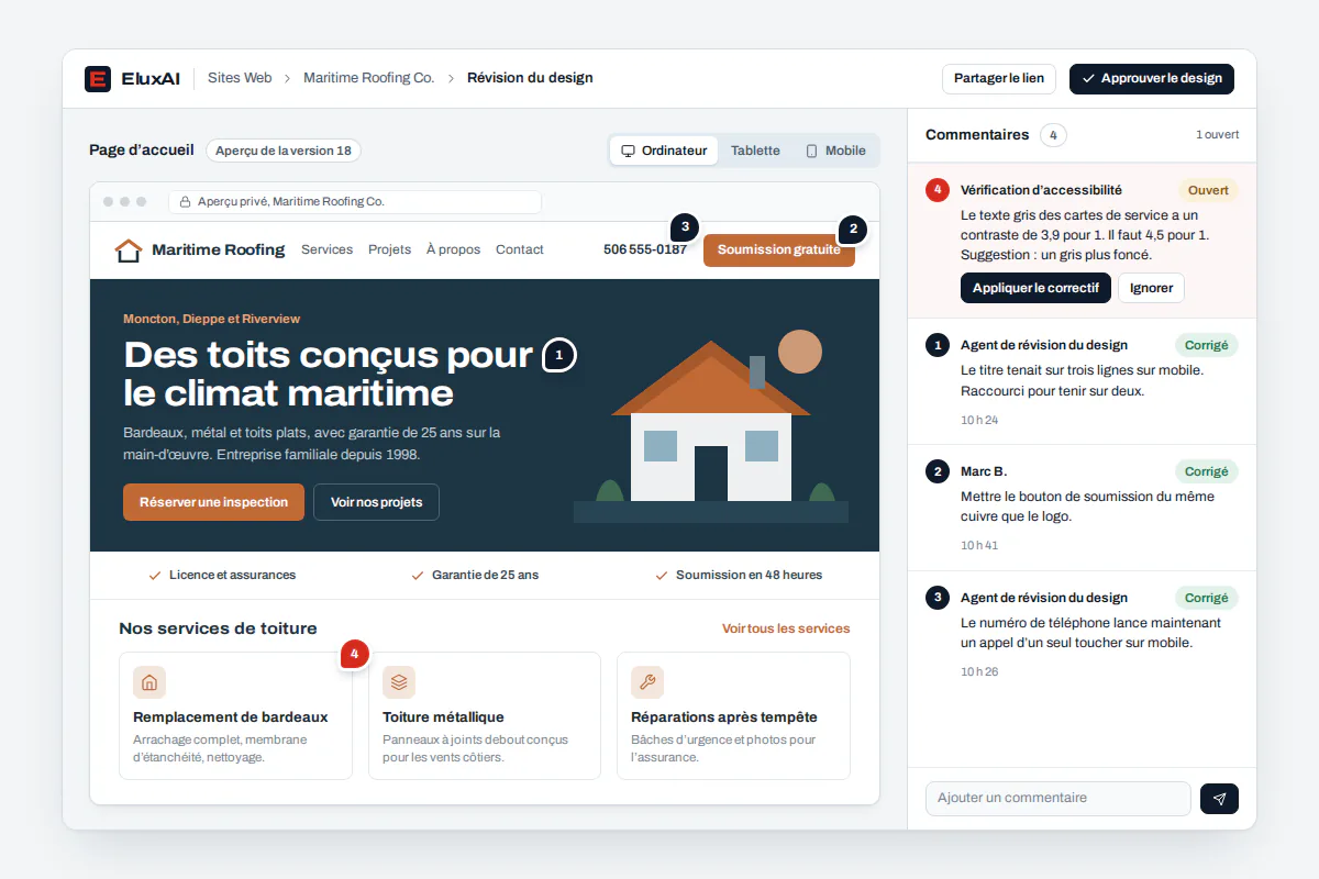 Lien d’aperçu d’un site Web ouvert sur un téléphone et un portable pendant qu’un client commente avant d’approuver