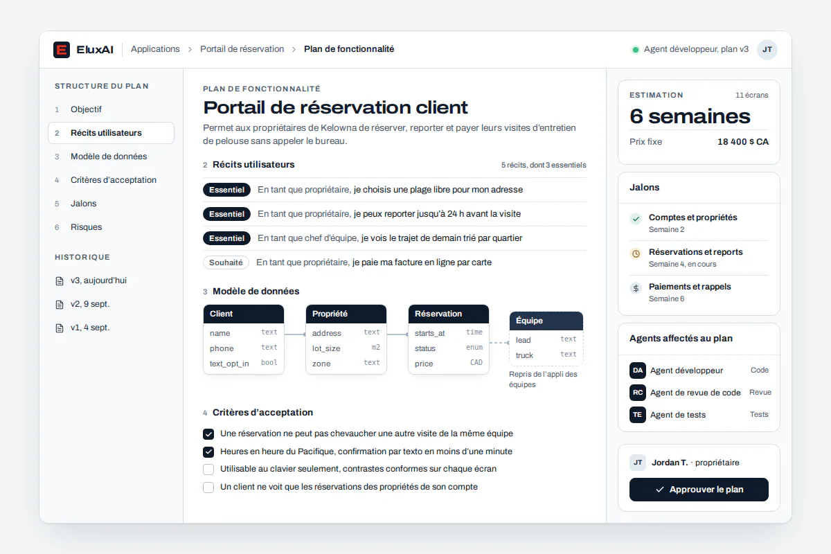 Plan de fonctionnalité avec tâches, vérifications et points d’approbation Plan de développement d’application par IA qui découpe une fonction de réservation en ligne en tâches révisées et testées