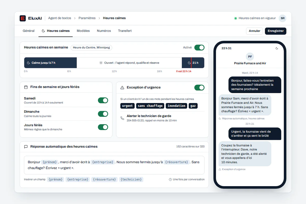 Heures calmes de la réponse automatique, avec rappel urgent en exception Réglages de réponse automatique SMS : heures calmes, exception pour les urgences et réponse reportée au matin