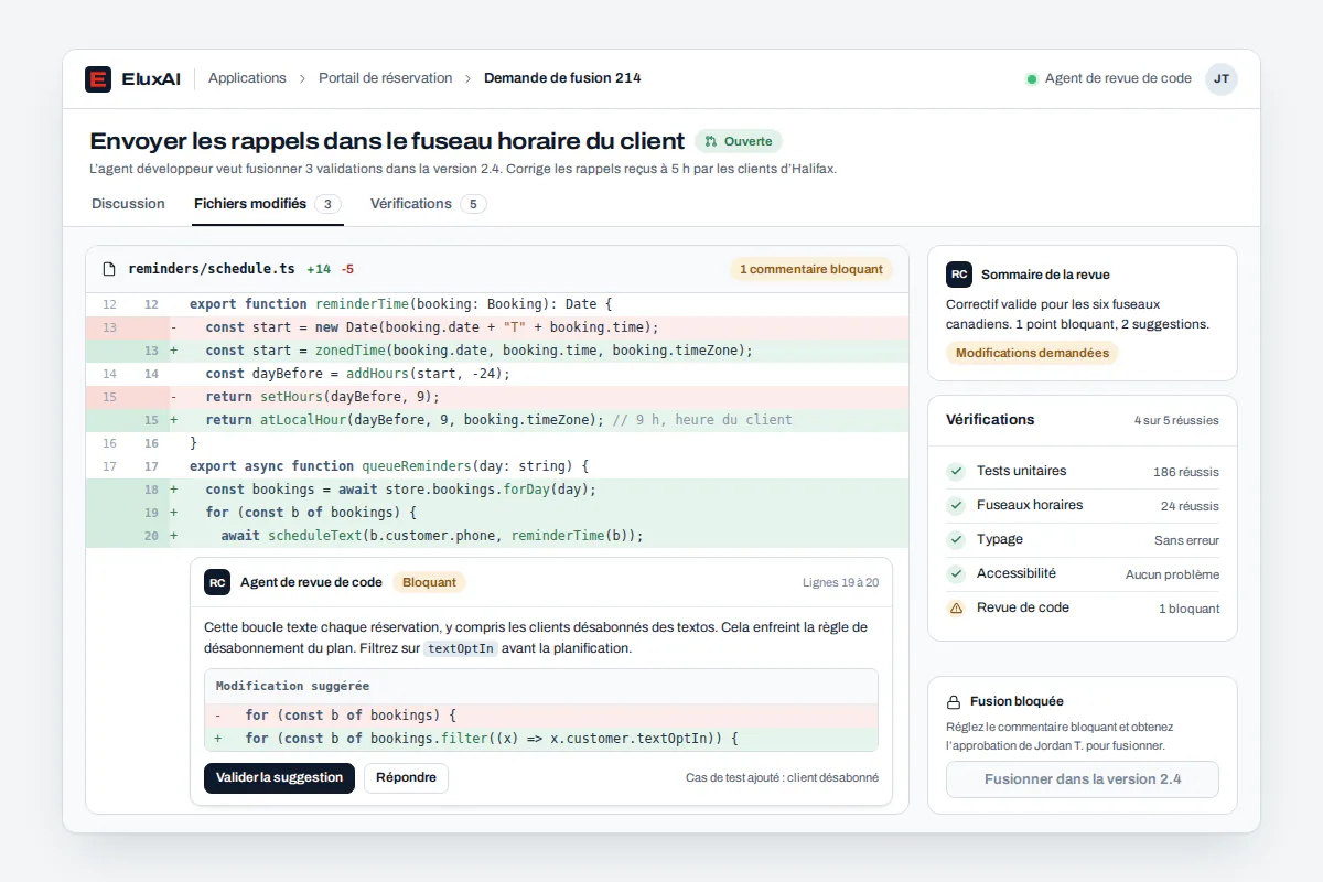 Revue de code par IA : tests réussis et fusion en attente d’approbation Commentaire de revue de code par IA sur une demande de fusion qui signale un bogue de fuseau horaire avant l’approbation