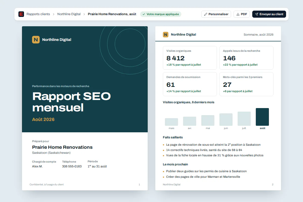 Rapport SEO mensuel en marque blanche préparé par des agents IA Rapport client SEO en marque blanche aux couleurs de l’agence : positionnement, correctifs livrés et liens en ligne