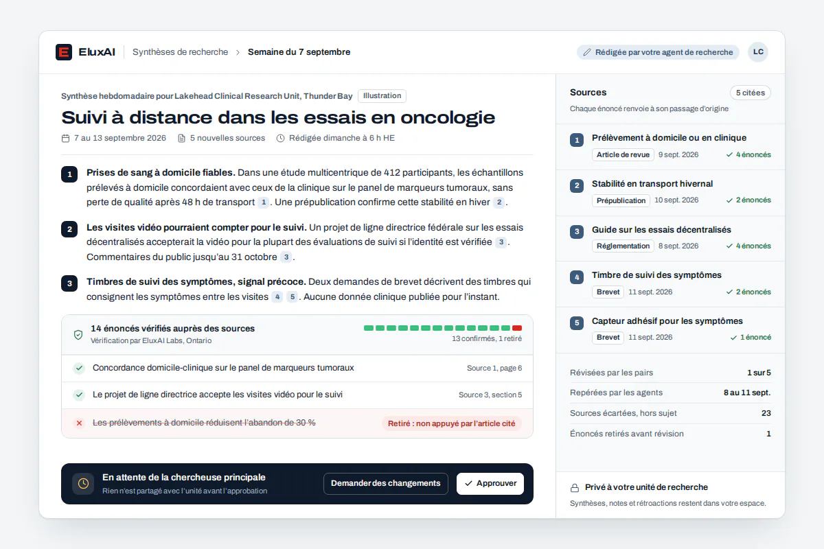 Synthèse de veille stratégique avec références numérotées, résumé de vérification des affirmations et étape d’approbation