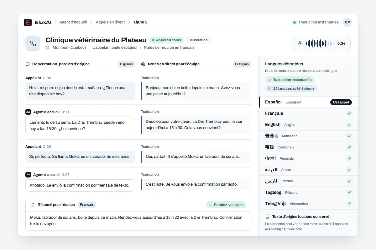 Console de traduction instantanée : appel en espagnol dans une clinique de Montréal, notes en français pour l’équipe