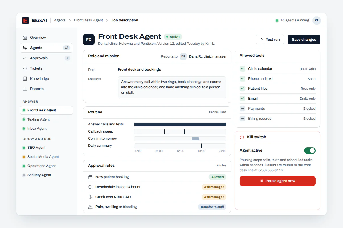Agentic AI agent definition in the EluxAI platform EluxAI platform screen showing an agent's mission, schedule and approval limits