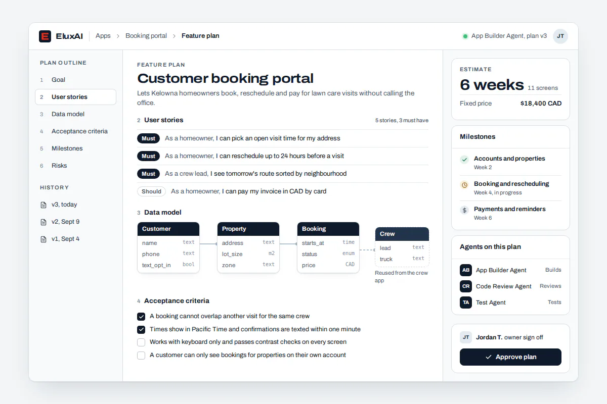 AI app builder feature plan with tasks, checks and approval points AI app builder feature plan splitting an online booking feature into reviewed and tested tasks with approval points