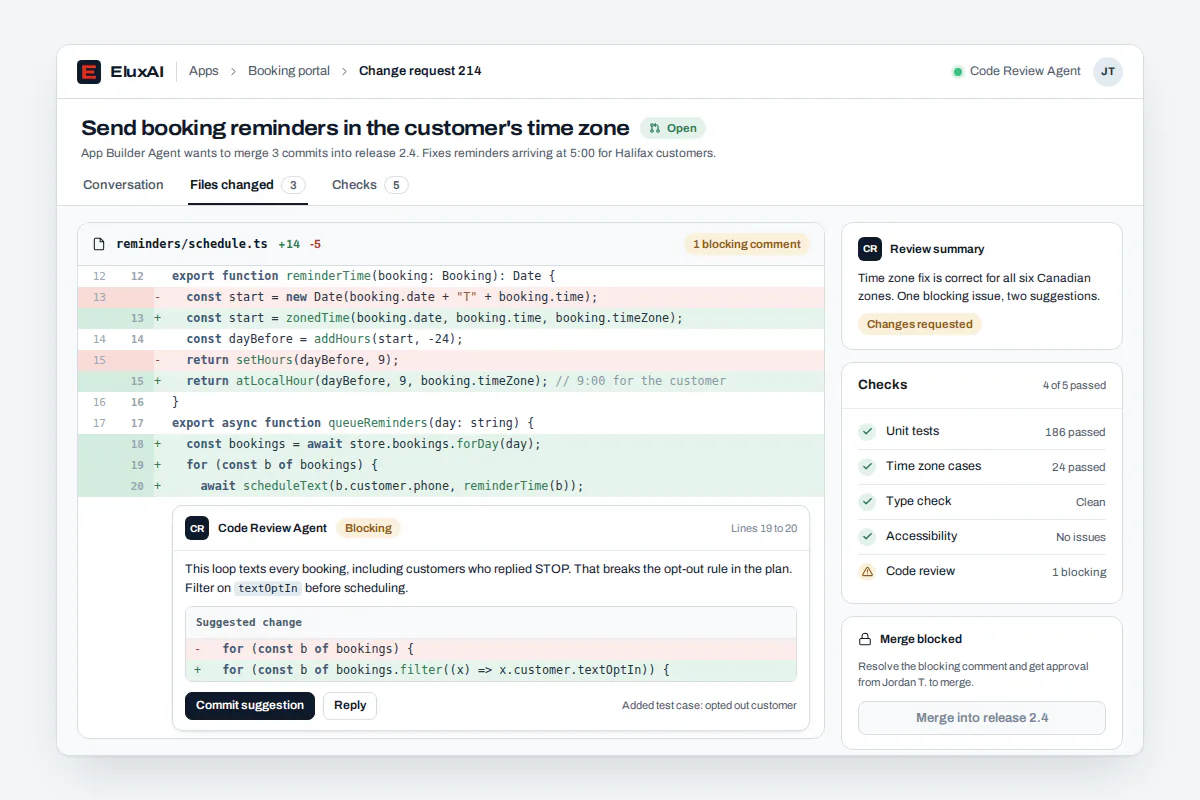 AI code review on a pull request with tests passed and merge waiting AI code review comment on a pull request flagging a time zone bug before a lead developer approves the merge