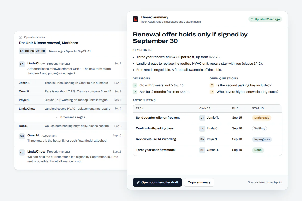 AI email management thread summary condensing a long client conversation into key requests, decisions and next steps