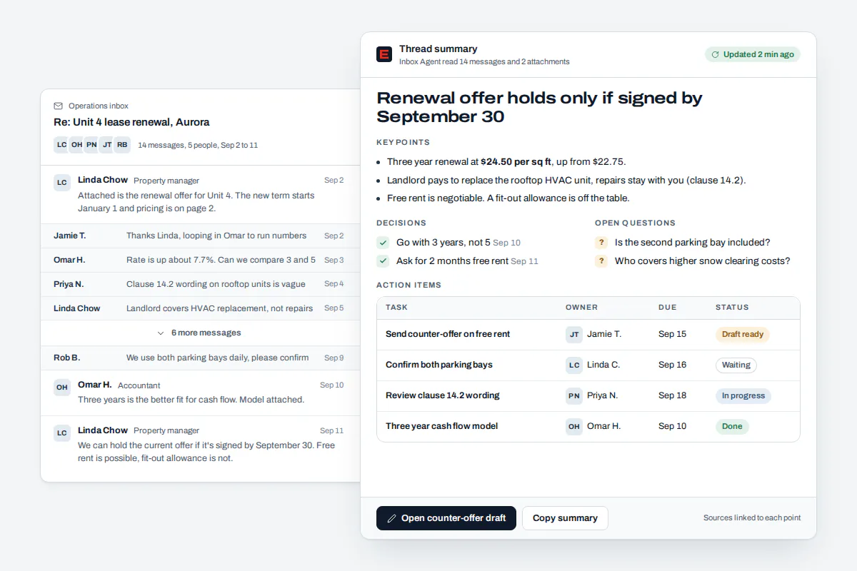 AI email management summary of a long client email thread AI email management thread summary condensing a long client conversation into key requests, decisions and next steps