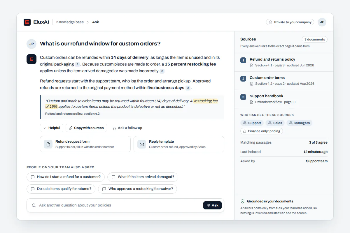AI knowledge base answer to a staff question with cited source documents and a list of agents allowed to see it