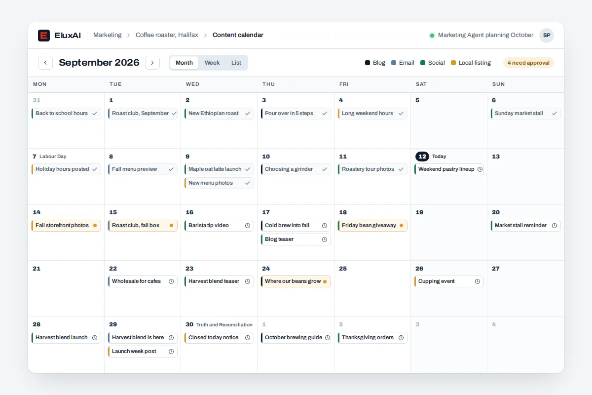 AI marketing tools content calendar showing a week of LinkedIn, Instagram, Threads and email posts with approval status