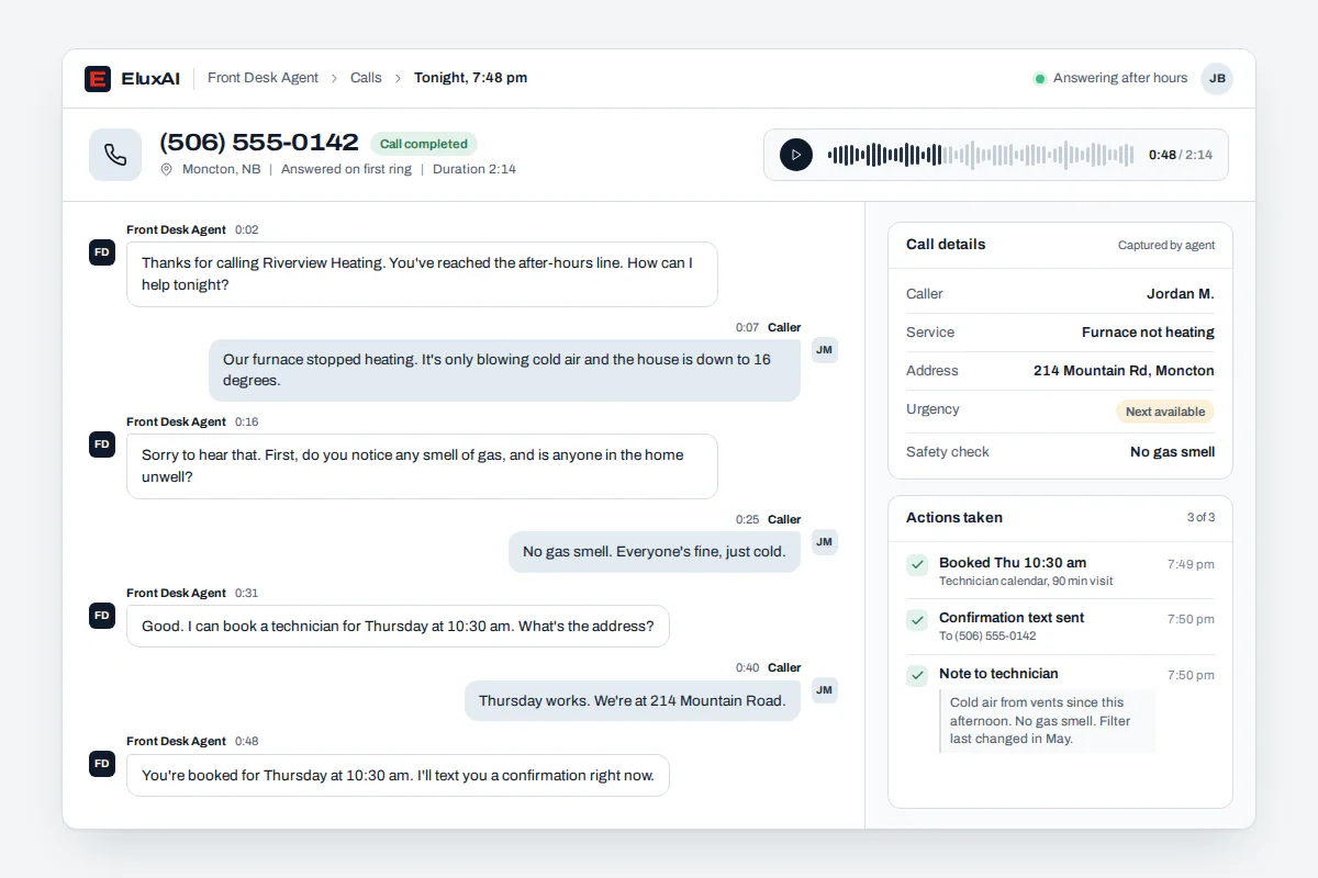 AI receptionist call transcript from an after-hours emergency booking AI receptionist call transcript with a furnace emergency booked, confirmed by text and sent to the on-call technician