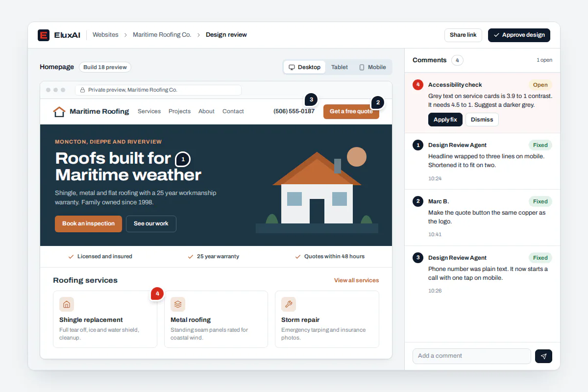 AI web design preview link open on a phone and laptop while a client leaves comments before approving launch