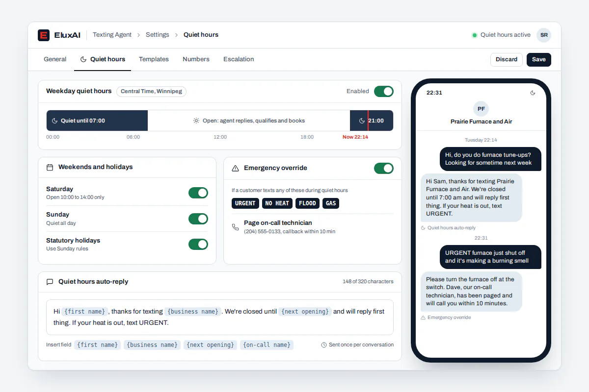 Auto reply text message settings showing quiet hours, an urgency override and a deferred morning reply