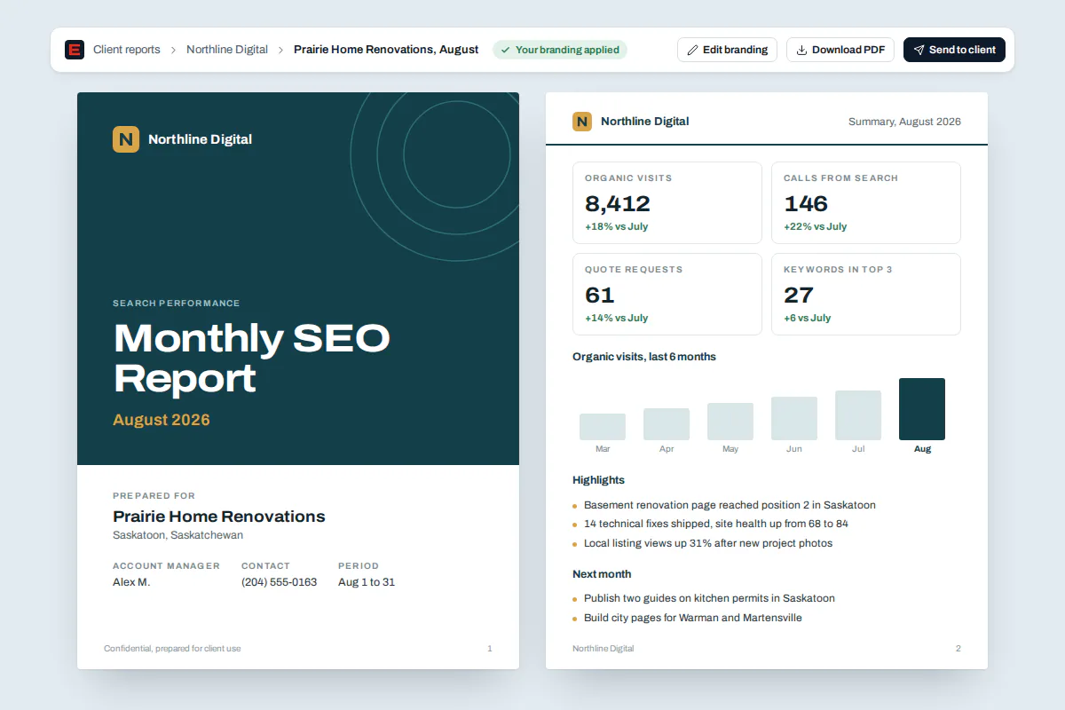 White label SEO monthly client report prepared by AI agents White label SEO client report with agency branding, rank movement, fixes shipped and links tracked to live