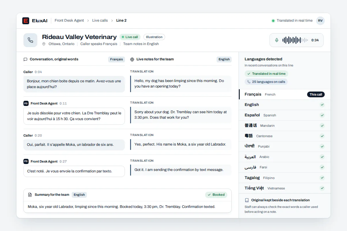 Real time translation console with a French caller, French replies, English notes for the team and the original text kept